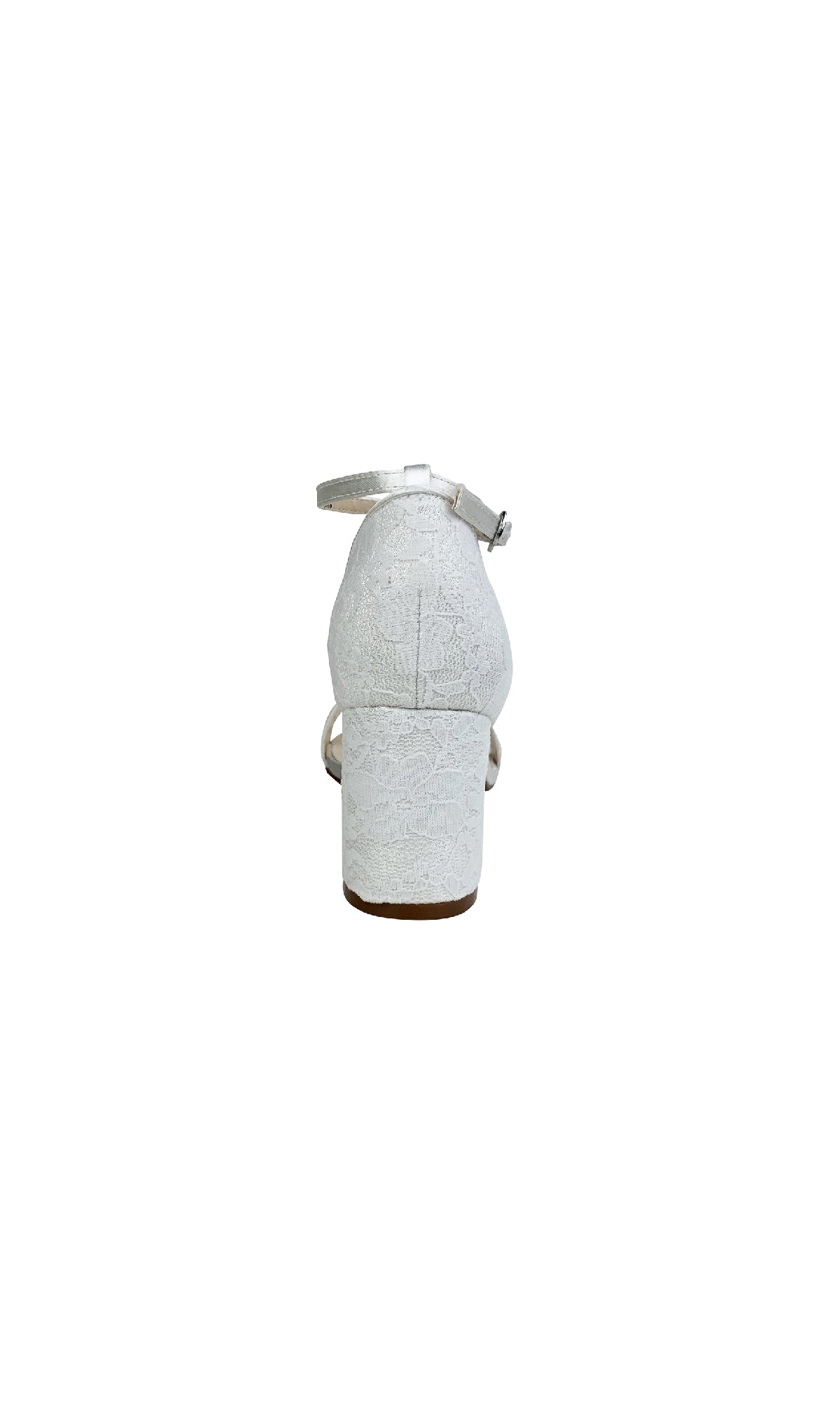 Rear view of Dyeables 4258 Summer White Lace and Satin Prom Shoe, featuring an ankle strap, textured pattern, and block heel, shown against a plain white background.